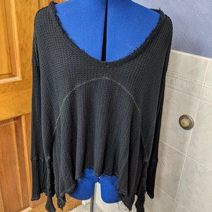 Free People Black Long Sleeve High Lo Raw Hem Top